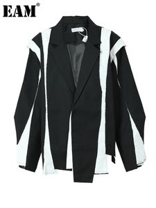 Damskie garnitury Blazery Eam Kobiety Czarny Nieregularny kolor blokowy duży rozmiar Blazer Lapel Long Sleeve Kurtka Moda Spring Autumn 1DF3080 230306