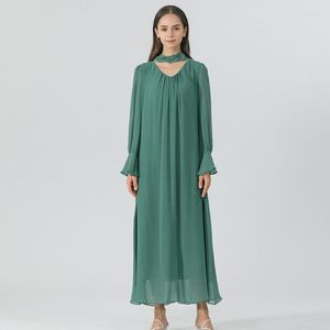 Casual Dresses Grey-Green Double Layer Georgette Silk V-hals FLAGE LÅNSLESEMES KVINNER HALTERNECK LOOK Dress Autumn AE1706