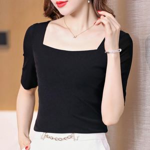 Women's T Shirts Black Mesh Shirt Women Slim Half Sleeve Square Collar Tee Lady Stretchy Simple Tops T-shirts For Girls M-3XL