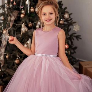 Mädchenkleider, rosa, A-Linie, Blumenmuster, O-Ausschnitt, Perlenstickerei, rückenfrei, Schleife, Tüll, für Kinder, Geburtstag, Partykleid, schönes, einfaches Kinderhochzeits-Ballkleid