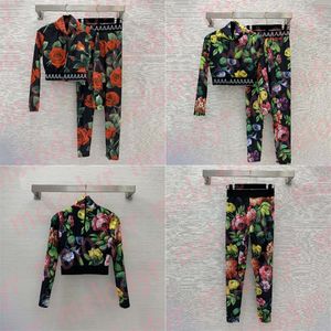 Flower Print Tracksuit Womens Designer Yoga Outfit High Neck Top Leggings Set Workout Clothes