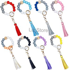 Wooden Tassel Bead String Bracelet Keychain Pendants Imitate Silicone Beads Bracelets Keyring Women Key Ring Wrist Bracelet Keychains TH0810