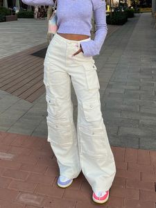 Женские брюки S Y2K Fashion White Bacgy Macgy Cargo Прибытие 3D -карманы. Плачкованные повседневные днищики.