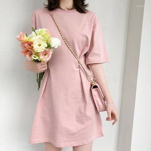 Casual Kleider Sommer Frauen Rundhals Kurze Ärmel Einfache Chic Taille Design Einfarbig Kleid