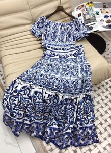 Tvådelad klänning högkvalitativ bomull Bohemisk barock stil av axelblå keramiktryck kjoluppsättning 230307