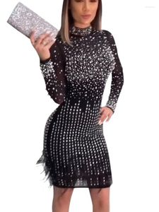 Casual Dresses Sexig Mesh Rhinestone Tassel Bodycon Mini Women See Through Night Club Outfits Party Evening Clubwear Diamond Prom Dress