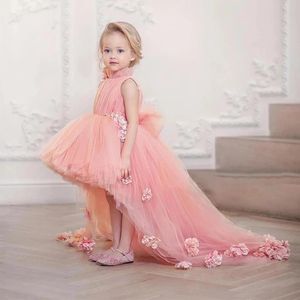 La ragazza di fiore della principessa del bambino di modo rosa veste gli abiti dell'abito di spettacolo di compleanno della comunione della piega dell'arco
