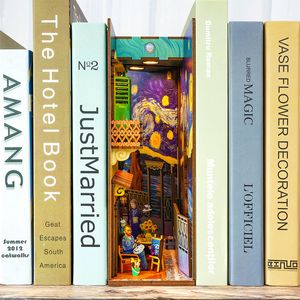 Doll House Accessories Book Nook DIY Wooden Van Gogh's World Bookshelf Kits Miniature Furniture Bookcase Insert Model Roombox Building Toys Gifts 230307