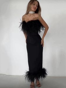 Sıradan elbiseler est kadınlar yaz seksi strapless sırtsız siyah tüy midi bodycon bandaj elbisesi 2023 zarif akşam partisi kulübü