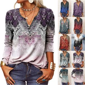 Kvinnors t-shirt Etnisk Bohemian T-shirt Women's Spring Autumn V Neck Casual Vintage Long Sleeve Tops Oversize Button Printed Pullover Shirt 230307