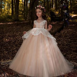 Formal V-neck Kids Flower Girl Dresses For Wedding V-neck Ball Gown Lace Appliques Sleeveless Girls Holy First Communion Gowns