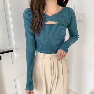 Bloups feminino Pullover de moda Hollow Sexy Women Sweater 2023 Casual Casual Roupas Cruzadas Branca Spring Autumn-decote V Tops de manga comprida