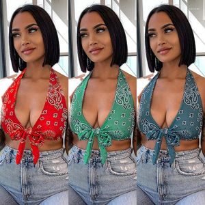 Damen Tanks Paisley Bandana Print Ärmellos Crop Top Schnürung Sexy Party Clubwear Bluse Rückenfrei T-Shirt ShirStreetwear 2023 Neckholder