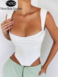 Kvinntankar Camis Asia White Bened Corset Top Cut Out Ruched Double Layers Elastic Pads Zip Off Shoulder Tank Top Summer Sexy Fashion Top Women 230307