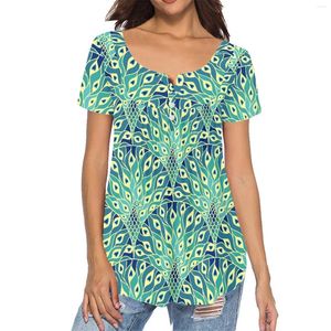 T-shirt da donna Camicia con fibbia a pieghe da donna Top corto estivo Piume colorate Stile tribale polinesiano Top con scollo a V sexy ragazza affascinante