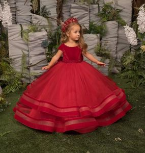 Lovely Christmas Dark Red Flower Girls Dresses Jewel Neck Crystal Beads Tulle Tiered Floor Length Kids Birthday Girl Pageant Gowns Back With Bow