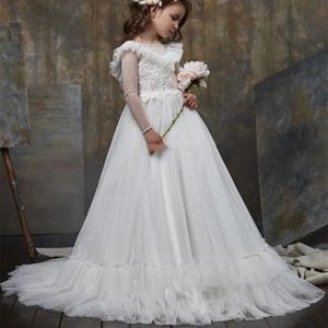 New Lace Appliqued Backless Flower Girl Dresses For Wedding Bateau Neck Beaded Long Sleeves Toddler Pageant Ball Gowns Tulle Kids