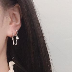 Hoopörhängen 925 Sterling Silver Earring Fashion Double Hole Round Zircon Vertical Bar Chain Tassel Bone Boy Girl Jewelry