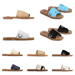 2023 Top Woody Sandals Womens Storlek 35-42 Mules Flat Slides Light Tan Beige White Black Pink Blue Lace Lettering Canvas Women Summer Outdoor Indoor Slippers Shoes