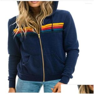 Женские толстовки Толстовки Zipup Jacket Women Rainbow Stripe Splicing Long Sleeve Casual Slim Hooded Autumn Fashion Europeusa Sty Dhyai