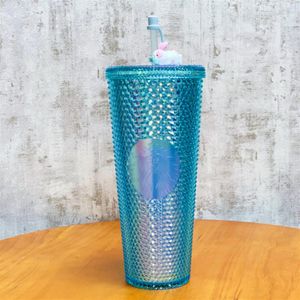 Starbucks Mid-Autumn Jade Rabbit blue durian laser Straw cup Tumbler 710ML Mermaid plastic cold water coffee Mug gift191S
