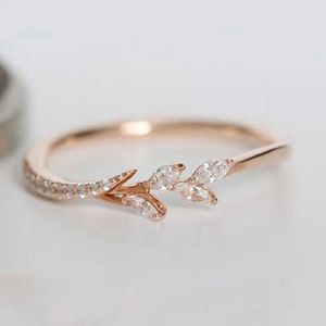 Band Rings Danity Leaf Crystal Engagement Rings Women's Eternity Wedding Band Rings for Female Rose Gold Rings Jewelry Gifts AA230306