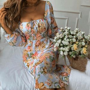 Casual Dresses Women's Long Sleeve Temperament Fashionable Chic Square Collar Lace Up Vintage Elegant Floral Printed Dress