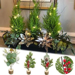 Decorative Flowers Gift Wood Base Home Decoration Floral Arrangement Pine Branches Artificial Plant Greenery Leaves Christmas Red Berries