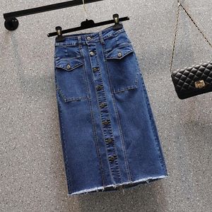 스커트 캐주얼 데님 스커트 여성 봄과 여름 탄력있는 하이 허리 숙녀 a-line pocket cotton midi 여자 옷