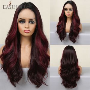 Perucas sintéticas Easihair Longo Wavy Lace Front Wig Black to Dark Red ombre Natural para mulheres Cosplay resistente ao calor 230227