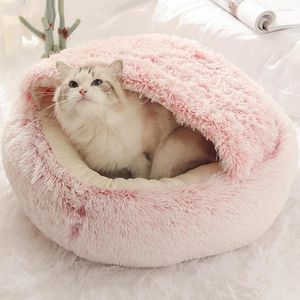 Kattbäddar 2-i-1 rund plysch säng kattunge bur mysig bo inomhus mjuk mat grotta hus kennel vinter varm sömnväska tvättbart kattunge tält