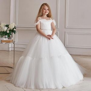 Flower Girls Dresses For Wedding Fashion Ruffles Pärled Crystal Sash Pageant Gowns Golvlängd Barnprinsessor födelsedag