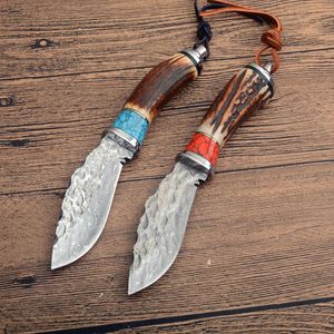 Promotion G7202 Damscus Fixed Blade Hunting Knife Drop Point Blade Deer Horn Handle Outdoor Camping Hiking Fishing Hunting Survival Straight Knives & Leather Sheath