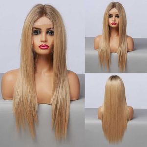 Syntetiska peruker Easihair Straight Blonde spetsens front Syntetiska peruker med babyhår Långt kvinnors höga densitet Naturlig peruk Värmebeständig 230227