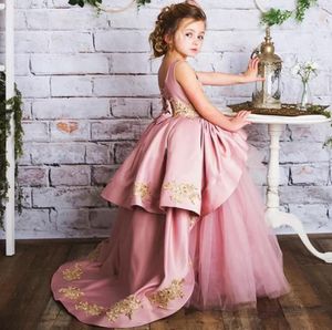 Pink Long Little Girls Ball Gown Pageant Dress Birthday Party Kids Gold Lace Tulle Girls Dresses