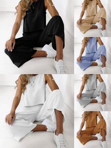 Women's T Shirts Sleeveless Sexy Shirt Long Wide Legs Pants Casual Women Cloth Solid Suit Two Pieces Fashion O-neck Tank Tops Suits Sets