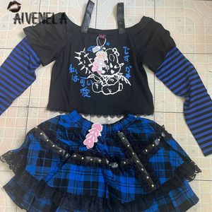 Tvådelad klänning harajuku gotisk tjejdräkt plädda kakkjolar från axel t -skjorta toppar punk set outfits kvinnliga afc1838 230306