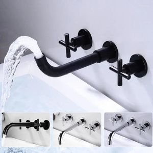 Bathroom Sink Faucets Matte Black Double Handle Wall Mounted Metal Faucet & Cold Water Taps Basin Mixer Brushed Gold Tap Set