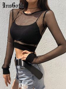 Women's T Shirts InsGoth Punk See Through Black Mesh Grid Long Sleeve Top Hip Hop E Girl Bodycon Wearwith Hollow Hole O Neck Waist-in