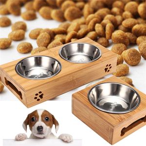 Dog Bowls Feeders Double Single for Pet Puppy Stainless Steel Bamboo Rack Food Water Feeder Cats Feeding Dishes s Drink 230307