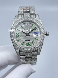 Full Diamonds Men tittar på silverfodral 41mm Blue/Green Roman Numbers President Armband Automatisk mekanisk glänsande is ut armbandsur