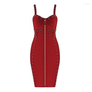 Casual Dresses Punk Hip Hop Rivet Beading Women Bandage Long Summer dragklappar Front Maxi Dress for Lady Clothes