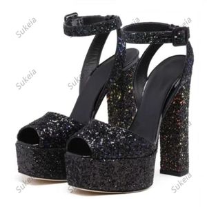 Sukeia Nya snygga kvinnors ankelband Sandaler Gliter Chunky Heels Peep Toe Pretty Black Party Shoes Ladies US Size 5-20