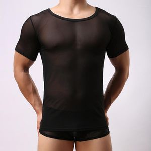 Podkrejnie Man Undershirt/Men Sexy siath Sheer podstawowe koszule/męskie przezroczyste O-Neck gejowskie krótkie rękawy odchudzające