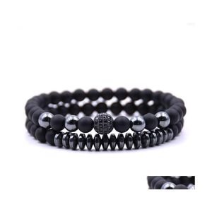 Beaded Strands Two 6Mm Matte Black Agate Microinlaid Zircon Bracelet For Men And Women Couples From Reiki Healing Gifts Drop Delive Dhpay
