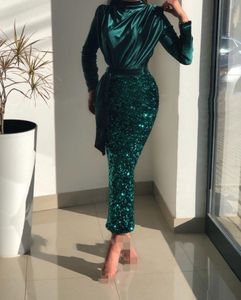 Green Velvet Formal Evening Dress High Neck Sequined Mermaid Prom Gown Ankle Length Women Celebrity Party Dress robe de soiree