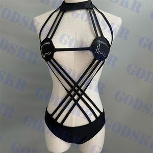 Bikini a tre punti lettera strass costumi da bagno sexy costume da bagno vuoto nero costume intero