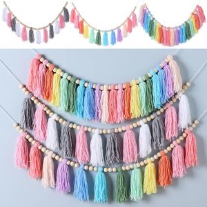 Wall Stickers 1pc Wood Beads Fluff Thread Ball String Pastel Banner Tassel Hanging Decoration for Girls Baby Room and Bedroom 230307