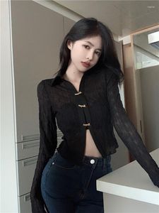 Women's Blouses Harajuku Mesh Hollow Out Top Shirt Women Men Casual Turn-down Collar All Match Blouse Streetwear Vintage Korean Cropped