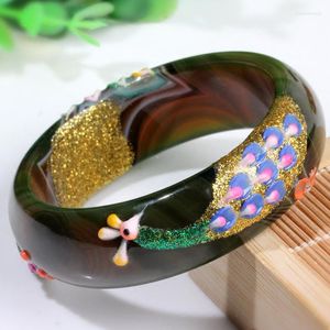 Bangle Natural Blackish Green Jadeite Malowanie Peacock Shell Flower 65 mm